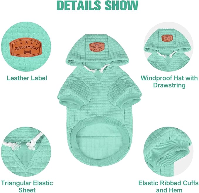 BEAUTYZOO Small Dog Hoodie Sweater with Pockets, Dog Clothes for Small Medium Dogs Boy Girl, Waffle-Like Laminated Cotton Pet Coats with Hat and Leash Hole, Mint Green XXS