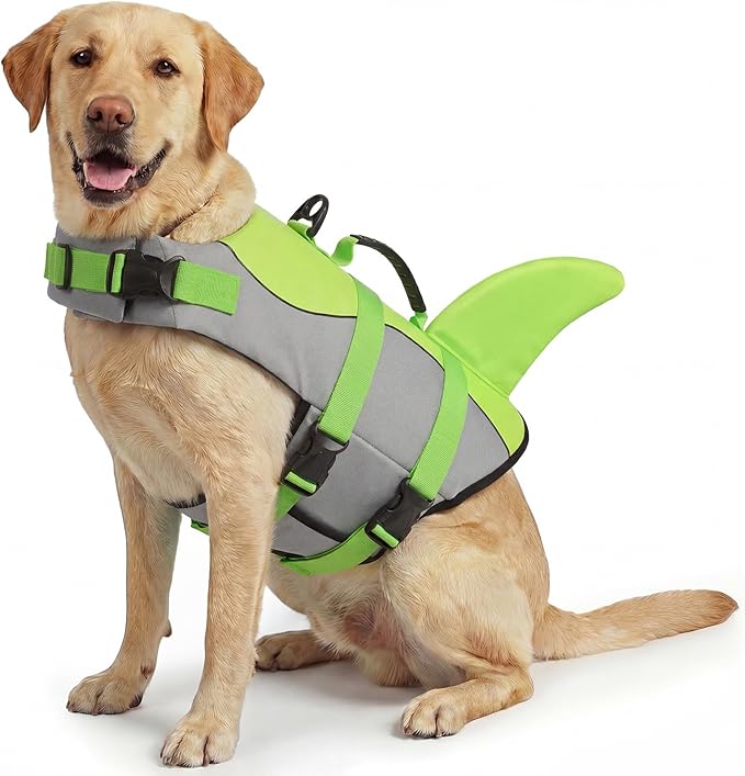 ASENKU Dog Life Jacket - Pet Safety Vest for Swimming & Boating, Shark Life Jacket with Floatation, Dog Lifesavers Swimsuits for Small Medium Large Dogs (Green, XL)