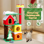 56in Christmas Themed Plush Cat Tree, Multi-Level Cat Tower with Cat Condos, Top Crown Perch, Sisal Ramp Scratching Posts, Large Cat Pet Activity Center for Indoor Cats