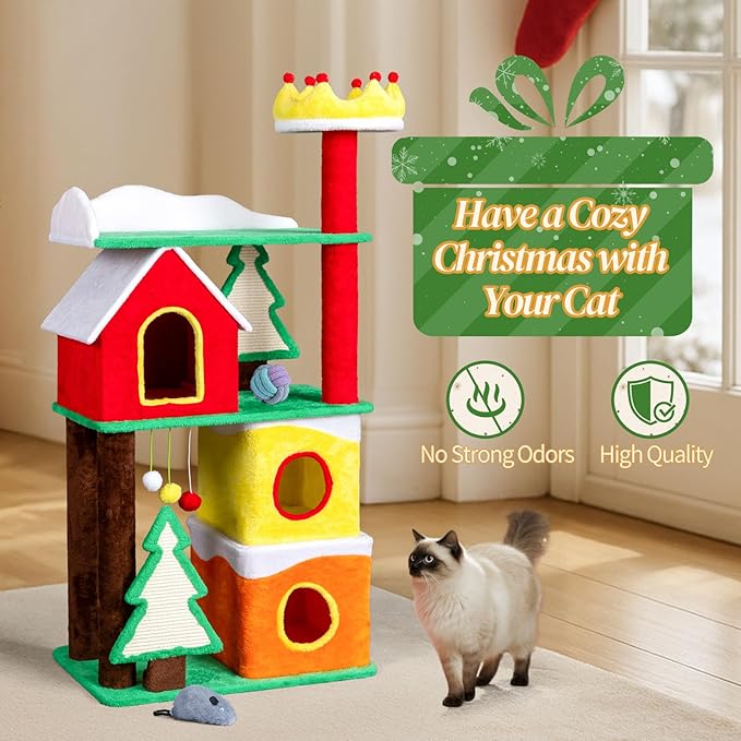Christmas Decorations, Christmas Cat Tree with Hideaway, Large Cat Tower with Crown Perch & Sisal Scratching Ramps, Candy Color Holiday Decor for Indoor Cats, Multi-Level Playhouse (56 in Christmas)