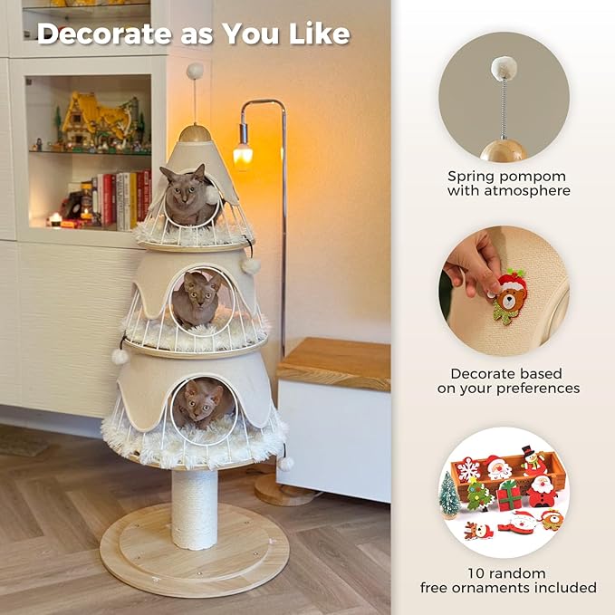 Modern Cat Tree-51.2" Cat Christmas Tree w/Thick Scratch Post(φ5.4in), Wood Cat Tower w/ 3 Condos-Heavy Duty Furniture w/Metal Frame & Replaceable Mat for Indoor Kittens, White