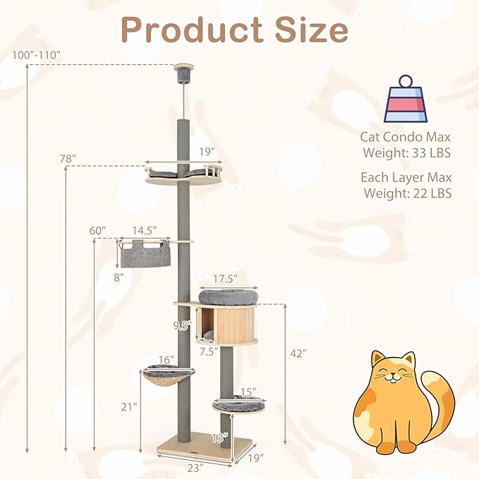 PETSITE Floor to Ceiling Cat Tree, 100-110 inch Height Adjustable, Multi-Level Cat Tower Floor to Ceiling with Scratching Posts, Cat Condo, Hammock, Tall Ceiling Cat Tree for Indoor Cats Large