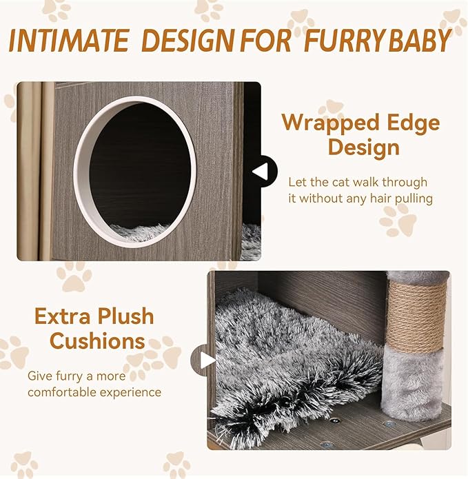 Cat Litter Box Enclosure with Cat Tree Tower and Condo, Hidden Cat Washroom Furniture with Sisal Scratching Post and Soft Plush Perch, Wooden Cat Furniture with Multiple Platforms