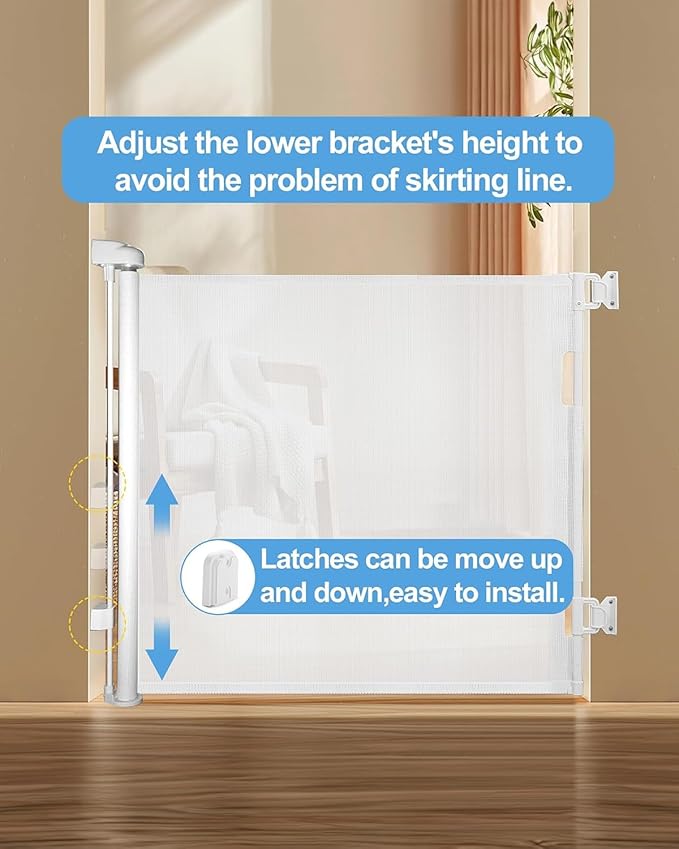 Retractable Baby Gate for Doorways and Stairs, Mesh Safety Gate for Pet, Indoor & Outdoor Use, One-Hand Operation, Easy Installation, 33.6" Tall, Expands to 55" Wide（White,33.6"x55"