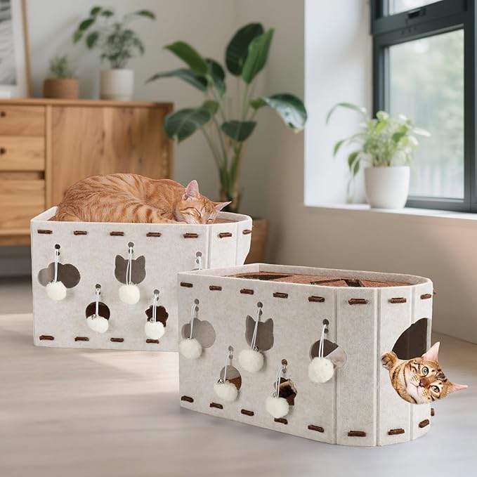 BABORUI Cat House for Indoor Cats, Large Foldable Cat Bed Cave with 5 Fluffy Ball Hanging, Felt Cat Hideaway with 8 Tunnels for Multi Pet Cats Kitten & Adult Play