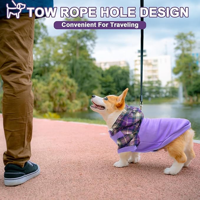 Plaid Dog Hoodie and Sweatshirt, Soft Fleece Pullover with Hat and Leash Hole, Puppy and Bulldog Sizes S M L