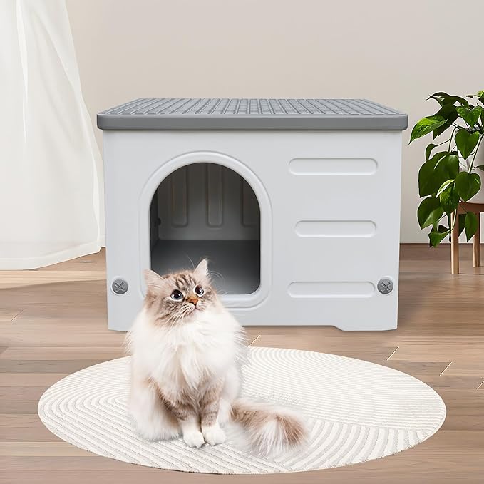 Plastic Cat House Outdoor & Indoor, Feral Cat Houses Waterproof Outdoor Cat House for Feral Cats, Outside Cat Shelter for Small Pet, Assemble and Clean Easily-Grey