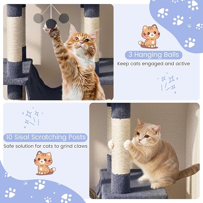 Tangkula Tall Cat Tree, 63 Inch Large Cat Tower with Sisal Scratching Posts, Plush Top Perch, Condo, Hammock, Basket Bed, Dangling Balls & Jumping Platforms for Indoor Cats Large Adult (Dark Grey)