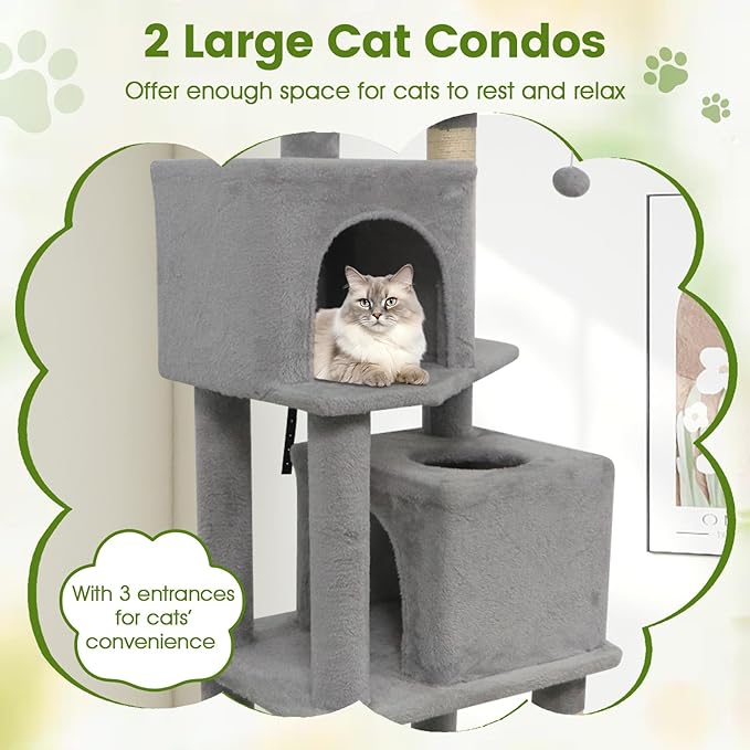 PETSITE 57-inch Modern Cat Tree, Multi-Level Cat Tower with 2 Comfy Condos, Sisal Scratching Posts, Plush Top Perch, Snug Hammock, and Dangling Balls, Ideal for Indoor Cats and Kittens (Grey)