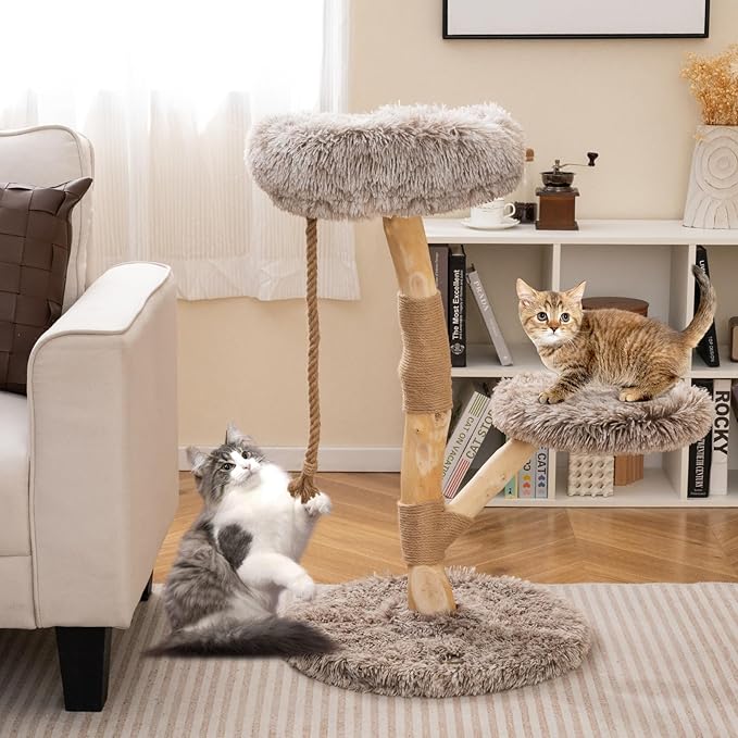 PETSITE 35.5-inch Wood Cat Tree, Multi-Level Real Pear Wood Modern Cat Tower with Jute Scratching Posts, Jute Rope, Cozy Top Perch, Jumping Platform, Soft Long Plush Covered