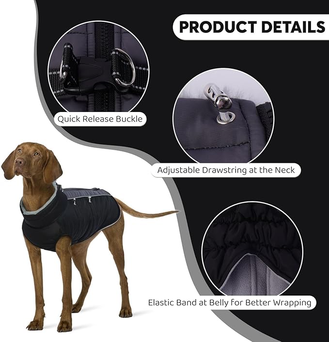 IDOMIK Warm Dog Coat with Harness, Waterproof Reflective Dog Jackets for Small Medium Large Dogs, Fleece High Collar Winter Jacket with Zipper, Pet Winter Snowsuit Clothes for Cold Weather,Black 2XL