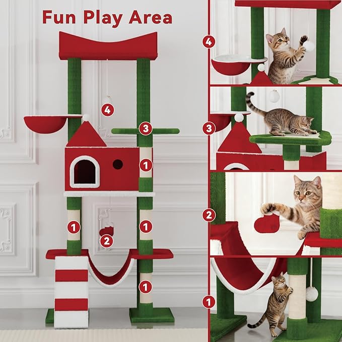 63" Large Christmas Cat Tree Tower Indoor: Tall Modern Cute Heavy Duty Cat Condo House with Scratching Post & Hammock for Maine Coon