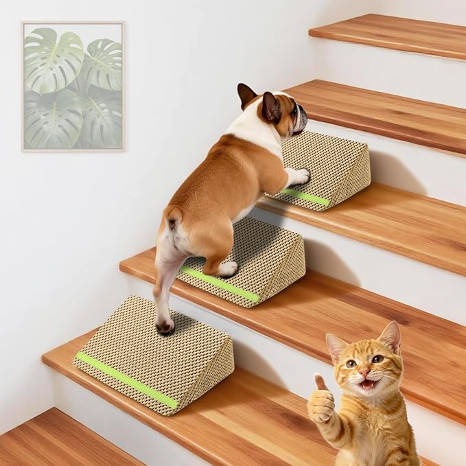 JoyBlooms Dog Ramp for Stairs for Small & Senior Dogs Cats, 40D Density Foam Gentle Slope Non-Slip Dog Stair Ramp with Glow Strip, Pet Ramp with Removable Washable Cover Brown-3pcs