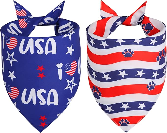 4th of July Dog Bandanas 2-Pack for Large X-Large Dogs - Double-Sided Patriotic USA Flag & Paw Print Tie-On Scarves, Red White Blue for Boy or Girl Pups, 18-23" Neck