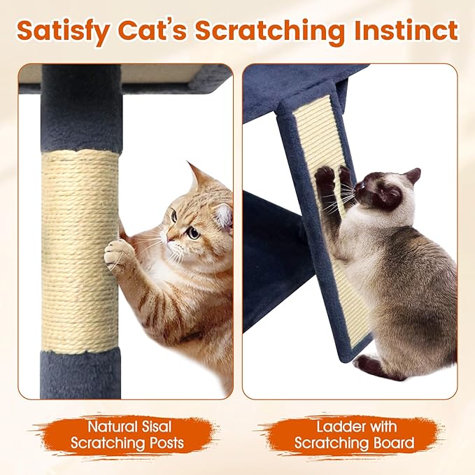 PETSITE Multi-Level Cat Tree, 65 Inches Tall with Sisal Scratching Posts, Condos, Rotatable Cat Basket, Dangling Balls, and Sisal Ladder, Ideal for Indoor Cats to Play and Rest (Dark Grey)
