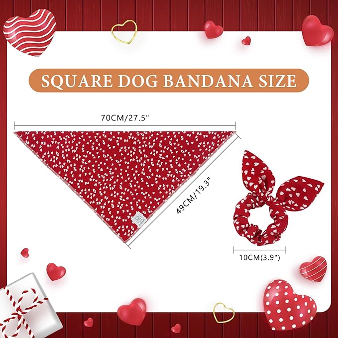 E-Clover Mother's Day Dog Bandana & Matching Scrunchie-Heart Dog Bandanas Red Pet Scarf Bib for Small Dogs Puppy Girl Boy Owner Valentines Mom Gift