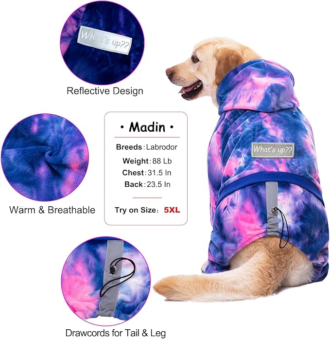 Dog Hoodies Winter Coat for Large Medium Dogs, Pullover 7 Legs Warm Coat Hooded Sweatshirt, Fleece Hoodie for Cold Weather (Bandhnu Pink, 5X-Large)