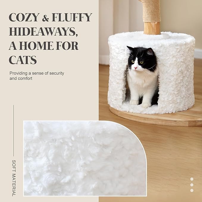 47-Inch Natural Wood Cat Tree for Cats, Modern Cat Tower with Multiple Platforms, Sisal Posts, Handwoven Bed, White Cushions
