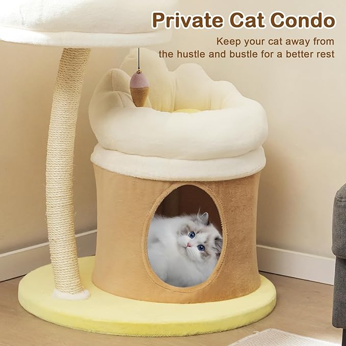 PETSITE 33 Inch Cute Cat Tree, Modern Cat Tower with Sisal Scratching Post, Cat Condo, Interactive Teasing Toy, 2 Removable and Washable Top Perches, Small Cat Tree for Indoor Cats