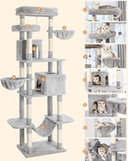 Cat Tree, 81-Inch Tall Cat Tower with Scratching Post, Plush Multi-Level Cat Condo with 2 Perches, 2 Caves, 2 Basket, Hammock for Indoor Cats Light Grey