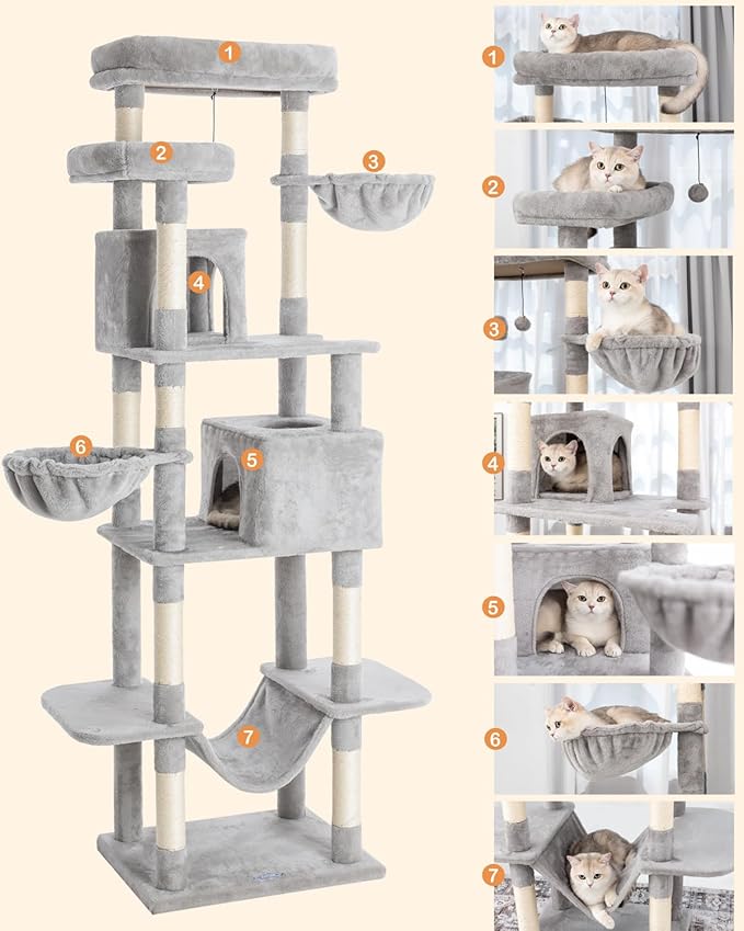Cat Tree, 81-Inch Tall Cat Tower with Scratching Post, Plush Multi-Level Cat Condo with 2 Perches, 2 Caves, 2 Basket, Hammock for Indoor Cats Light Grey