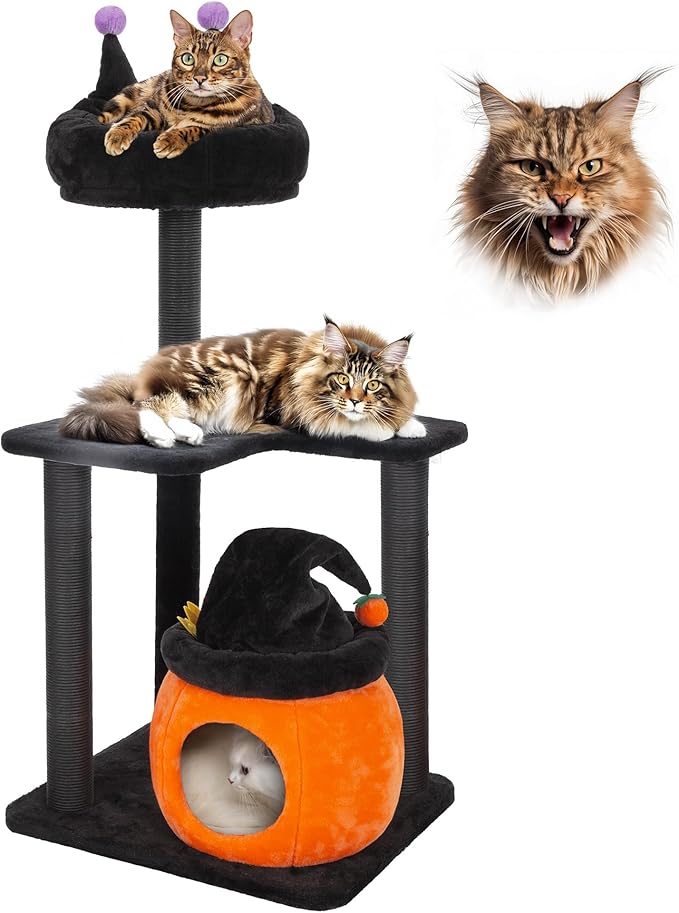 KAMABOKO Gothic Cat Tree, 44.8in Black Cat Tower with Coffin Bed, Big Tall Cat Condo with Sisal Scratching Posts, Scratching Ramp and Comfort Basket for Indoor Cats