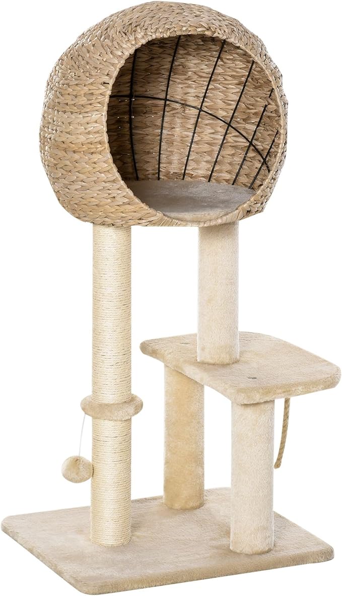 39H Premium Quality Cat Tree with Durable Sisal Scratching, Multi-Level Condo Hideout, Hanging Rope Accessory, Beige Finish