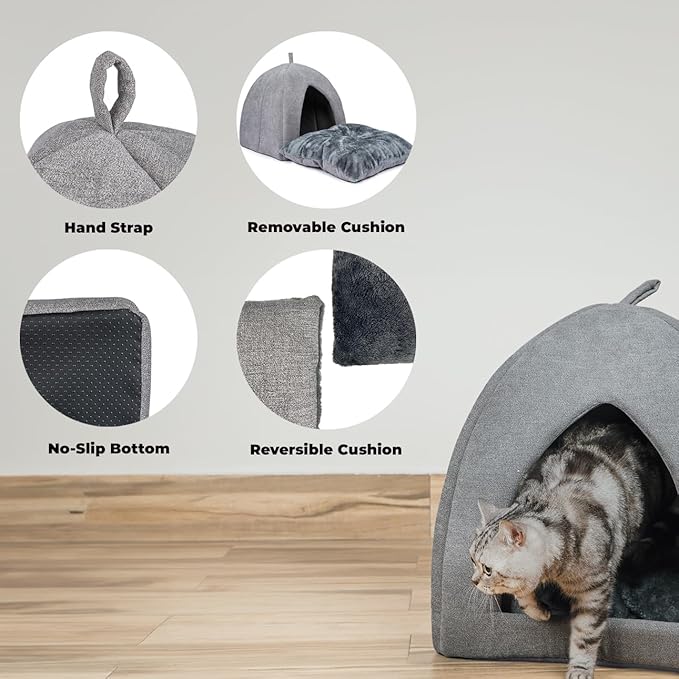 Best Pet Supplies Cat Bed for Indoor Cat, Domed Tent House with Removable Pillow, Covered Cat Cave for Small Dog, Puppies and All Breeds of Cats - Gray, 16 x 16 x H:16"
