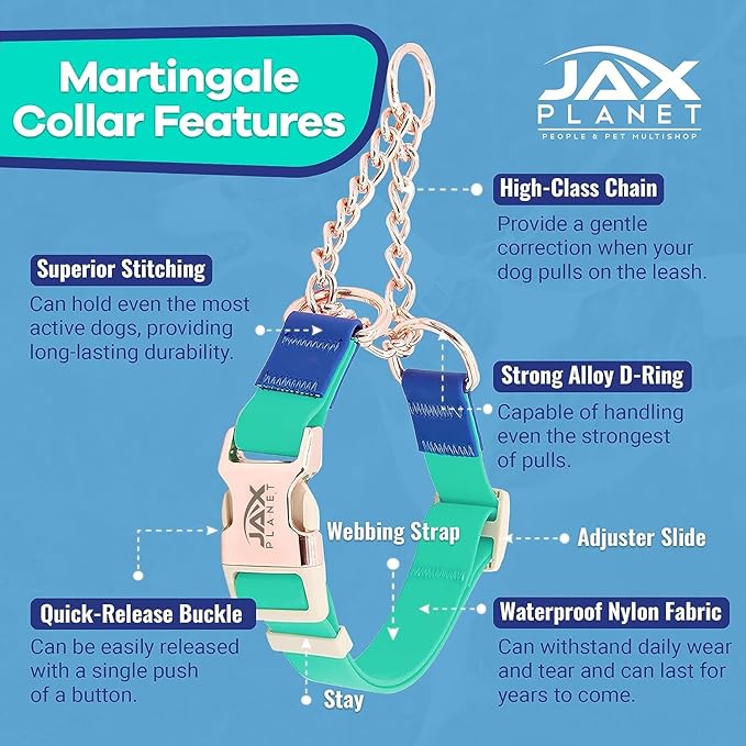 Jelly Waterproof Martingale Dog Collar, No Pull Nylon Collar with Alloy Metal Buckle & D-Ring for Outdoor Training and Walking, Anti Pull, Escape Free, One Time Adjustment - Turquoise & Blue, XL
