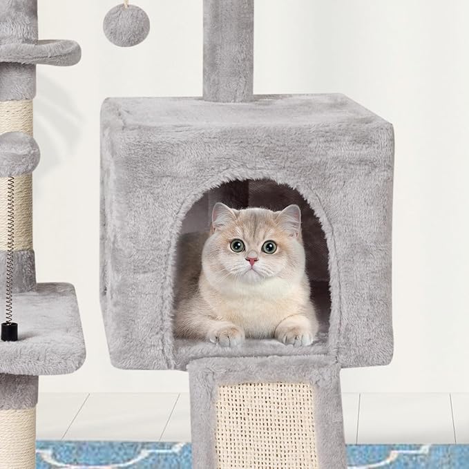 MIAO PAW Grey Cute Cat Tree Tower for Indoor Cats Condo with Sisal Scratching Posts Jump Platform Furniture Activity Center Play House Bed