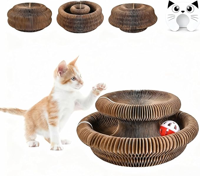 Cat Toy Magic Organ Cat Scratcher Cardboard with Bell Ball, Foldable Design& Changeable Accordion Shape,Exercise Anxiety Relief Toy for Indoor Cats and Protect the Furniture