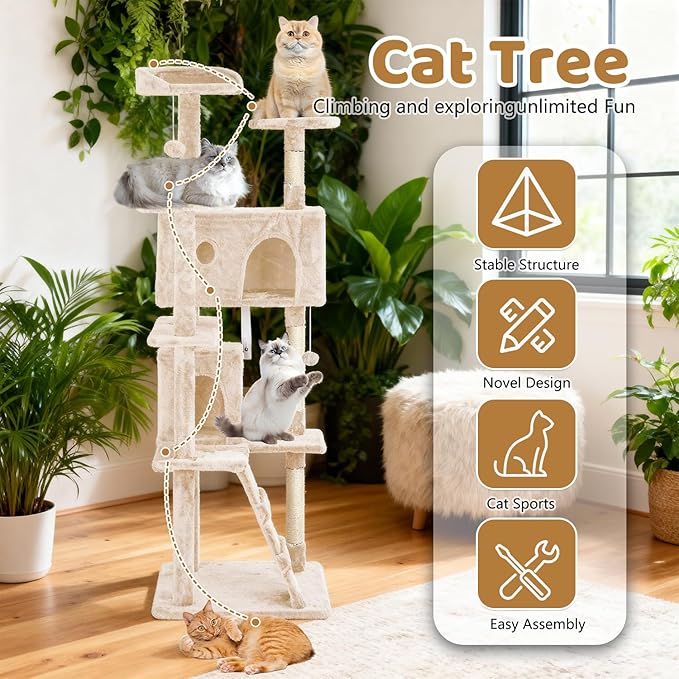 BestOffice 70 Inch Cat Tree, Multi-Level Cat Tower with Condo, Perches, Sisal Scratching Posts, Climbing Ladder,Indoor Activity Center Play House for Kittens & Adult Cats, Beige