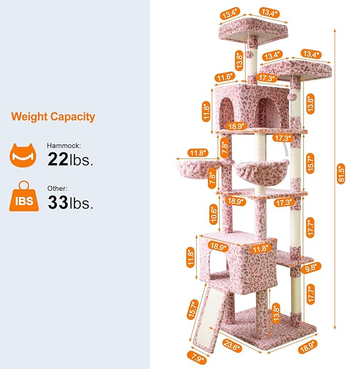 82" Tall Cat Tree,Giant Cat Tree for Indoor Cats Large Adult, Heavy Duty Cat Tree Tower, Extra Large Cat Trees with Scratching Posts, Cat Condos, Hammock,Top Perch,Ramp (Pink)