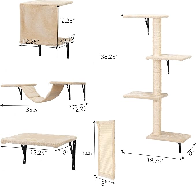 Wall Mounted Cat Furniture Set of 5 With Tree, Perch, Scratcher, Bridge and Condo, Gray (Beige)