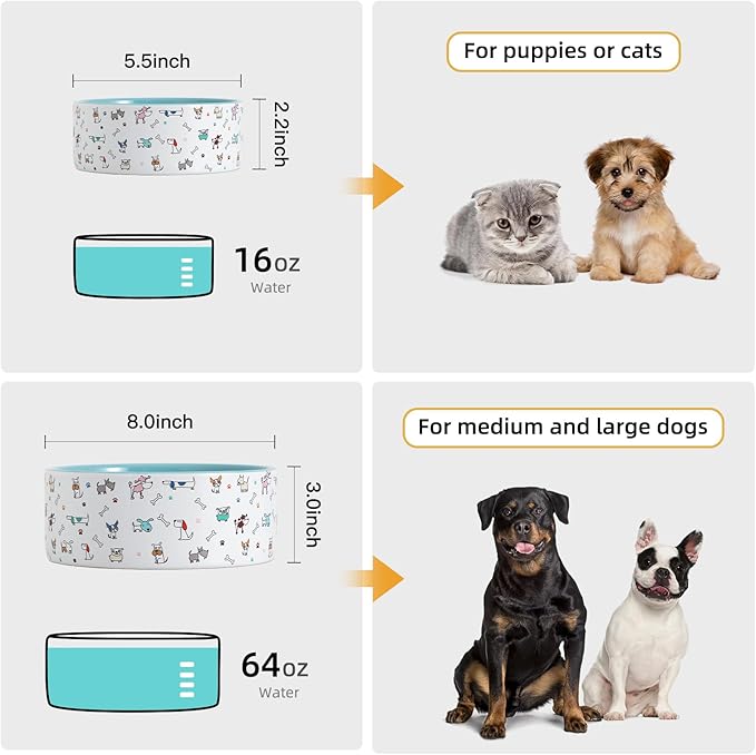 Fun Elements Ceramic Dog Bowls - Large, 64 Fl Oz Heavy Duty, Adorable Dog Patterns (Large, Blue)