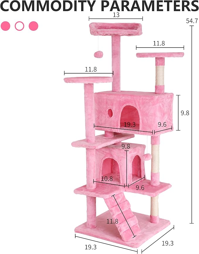 BLKMTY Cat Tree 54" Tall Cats Tower Large Cat Condo Climber Cats Climbing Stand with Top Perches Playhouse and Climbing Ladder Kitty Activity Tree w/Scratching Post Toys, Pink