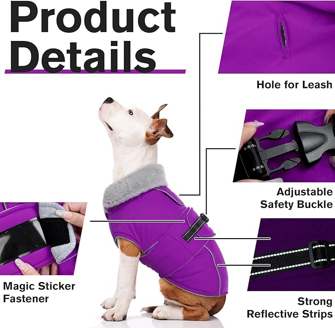 Lelepet Warm Dog Winter Coats for Medium Dogs Waterproof Dog Jacket Reflective Pet Fleece Vest Windproof Cold Weather Coats with Adjustable Buckle & Leash Hole, Purple, M