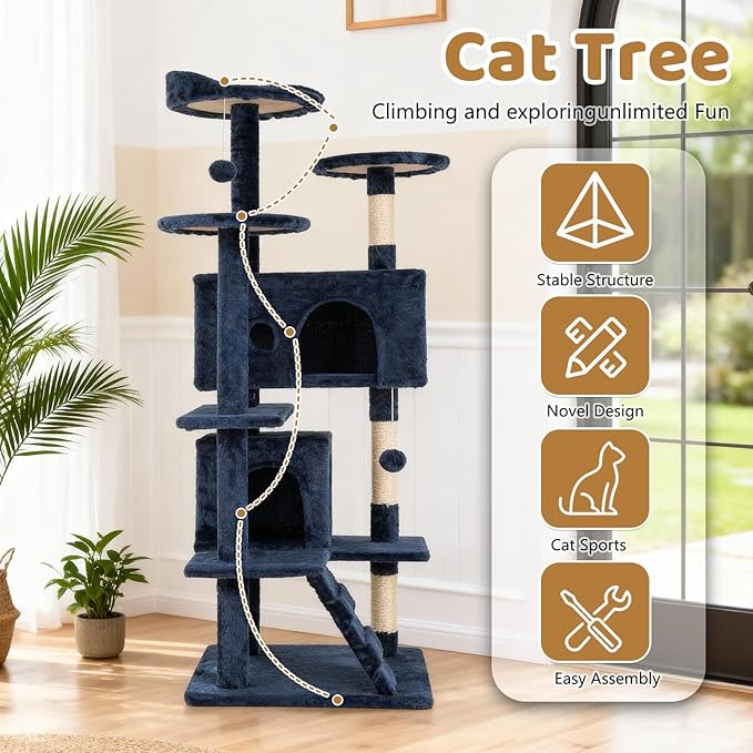 BestOffice 54 Inch Cat Tree, Multi-Level Cat Tower with Condo, Perches, Sisal Scratching Posts, Climbing Ladder,Indoor Activity Center Play House for Kittens & Adult Cats, Navy Blue