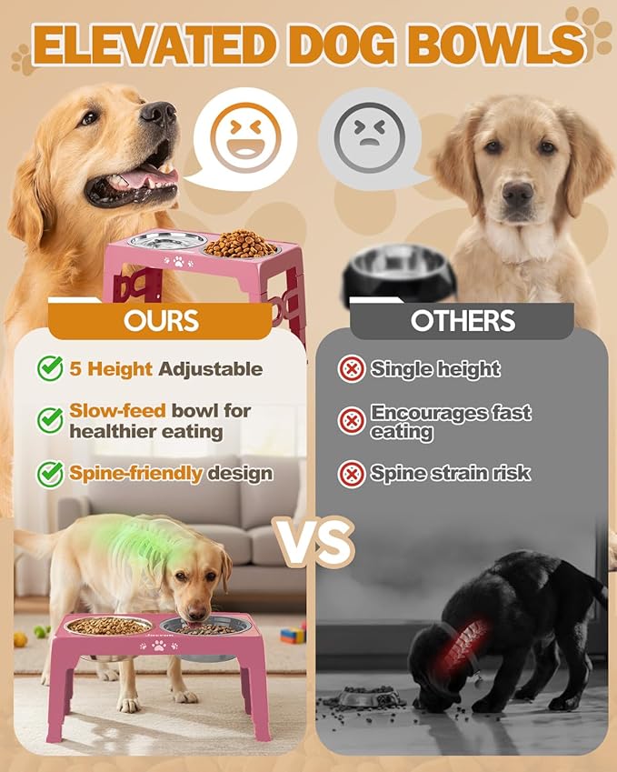 Elevated Dog Bowls for Medium Size Dogs, Non-Slip Dog Feeder with 1*Stainless Steel Dishes & 1*Slow Feeder Bowl, 5 Heights Adjustable Raised Bowls to 3.15″-8.66″-9.84″-11.02″-12.2″