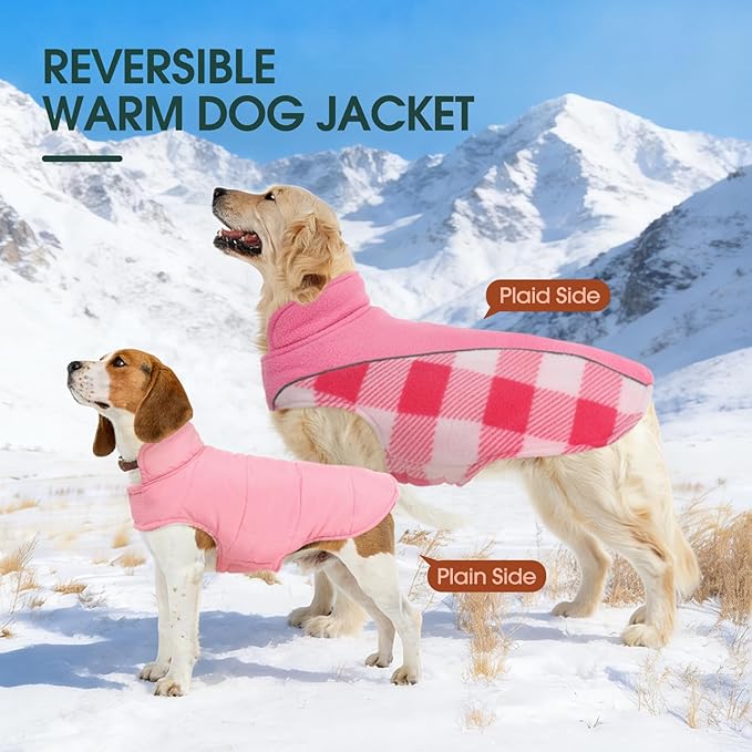 Kuoser Dog Winter Coat, Reversible Waterproof Dog Jacket with Reflective Strip, Warm Dogs Fleece Vest Adjustable Doggy Cold Weather Clothes Plaid Christmas Outfit Pet Apparel for Large Dogs, Pink XL