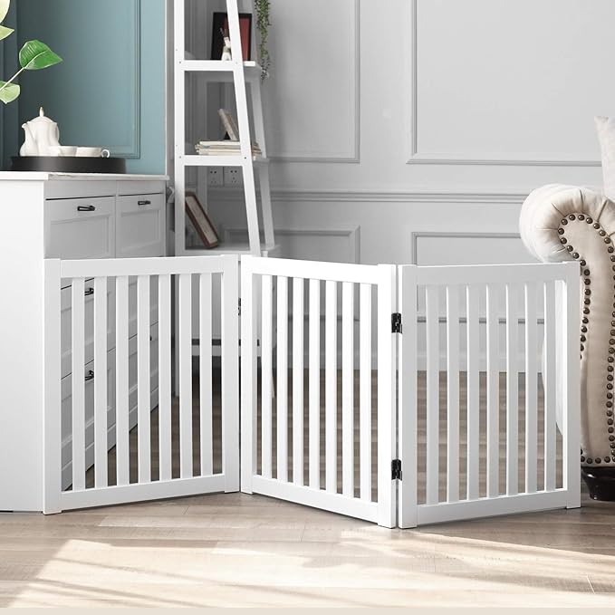 WELLAND Wooden Freestanding Pet Gate, 24 Inch 3 Panel Step Over Fence, Expands Up to 60" Wide, Foldable Indoor Dog Gate Puppy Safety Fence, White