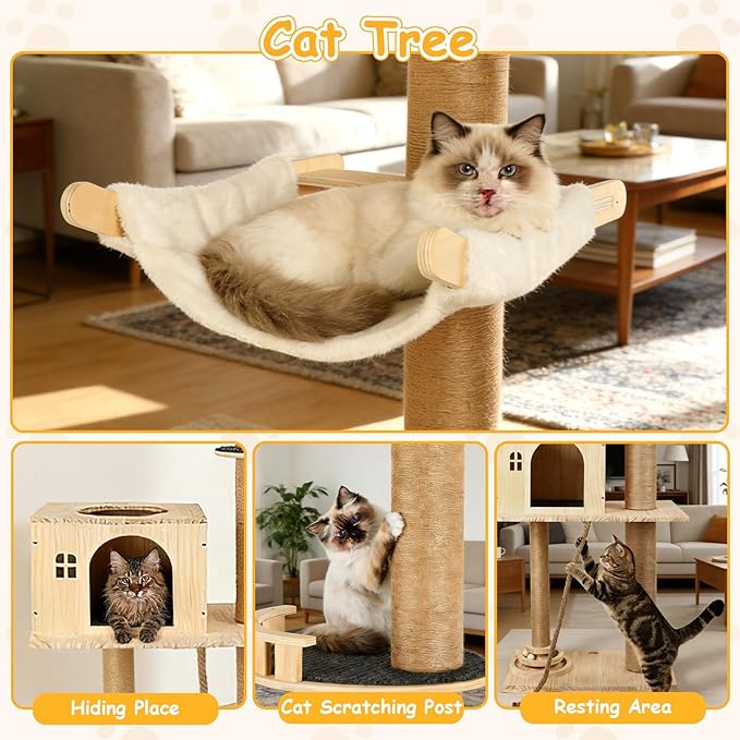 Cypherx Floor to Ceiling Cat Tree, 6 Tier Tall Cat Tower Adjustable Height (81-109 in), Modern Cat Tree Tower for Indoor Cats with Scratching Post, ransparent Capsule and Cozy Hammock, Wood