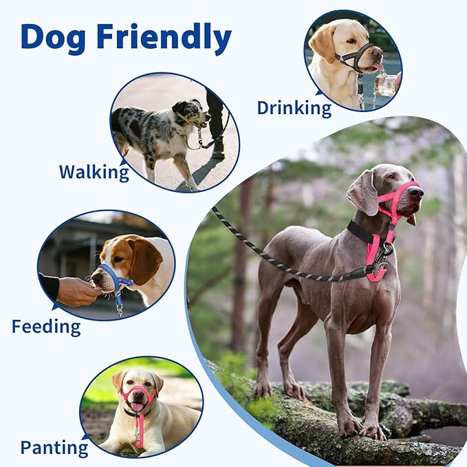 BARKLESS Sturdy No Pull Head Collar for Medium Large Dogs, Gentle Reflective Head Halter with Safety Link, Adjustable Nylon Dog Training Muzzle Leash for Walking Control (Blue, XL)