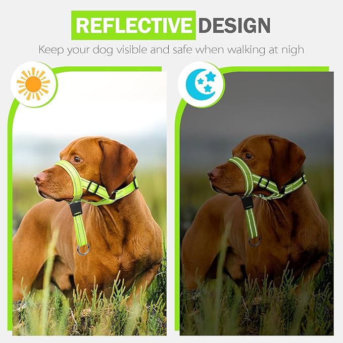 Weesiber Soft Dog Head Collar - Adjustable Dog Head Harness, Padded No Pull Head Halter Collar with Reflective Safety Strip for Training and Walking(Green,L)