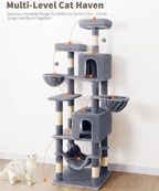 AMHANCIBLE Cat Tree, 70 Inch Cat Tower for Indoor Cats, Multi-Level Cat Tree with Scratching Post, Hammock, Hanging Basket, Large Cat Condos for Adult Cats Kittens, Grey, PT18GY