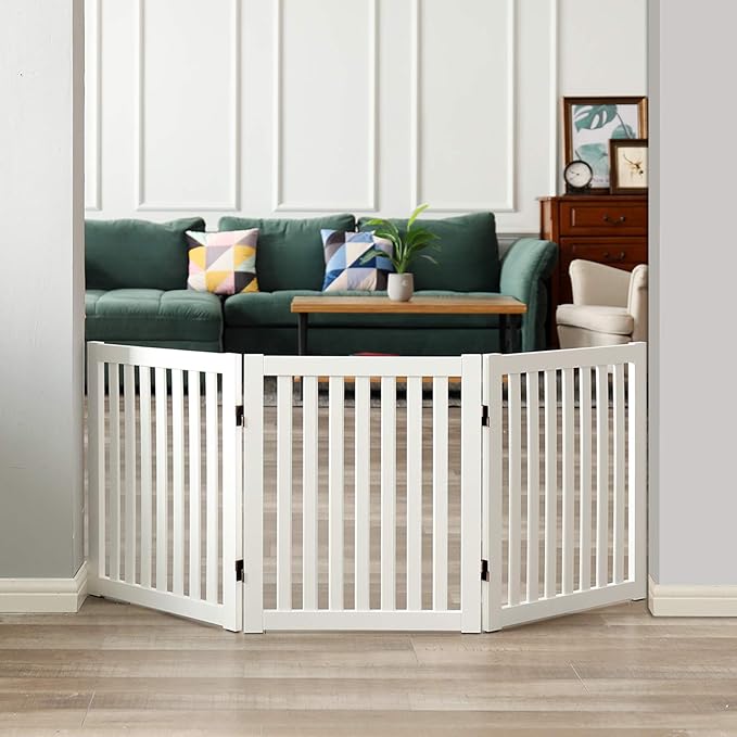 WELLAND Wooden Freestanding Pet Gate, 24 Inch 3 Panel Step Over Fence, Expands Up to 60" Wide, Foldable Indoor Dog Gate Puppy Safety Fence, White