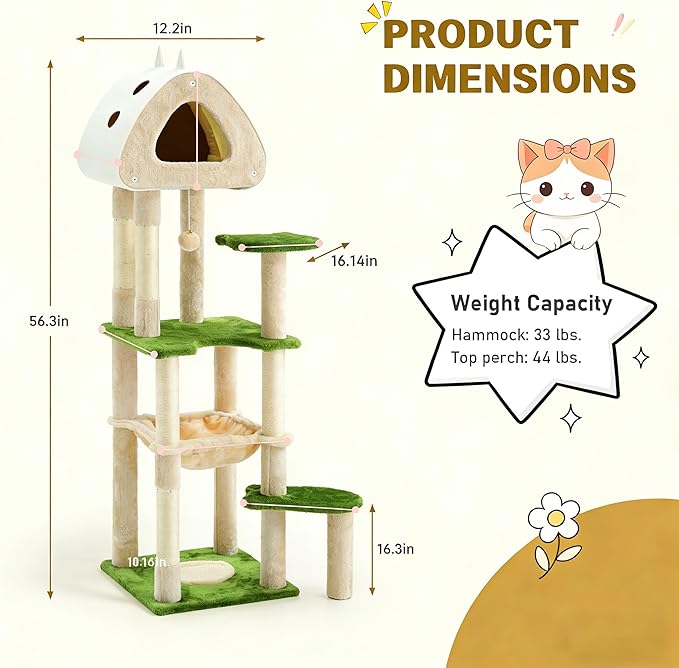 Cat Tree Tower, 56.3-Inch Multi-Level Cat Tree for Indoor Cats with Scratching Posts, Condos, Plush Perches, Hanging Cat Toy, Cute Cat Tree for Kittens & Adult Cats, Brown