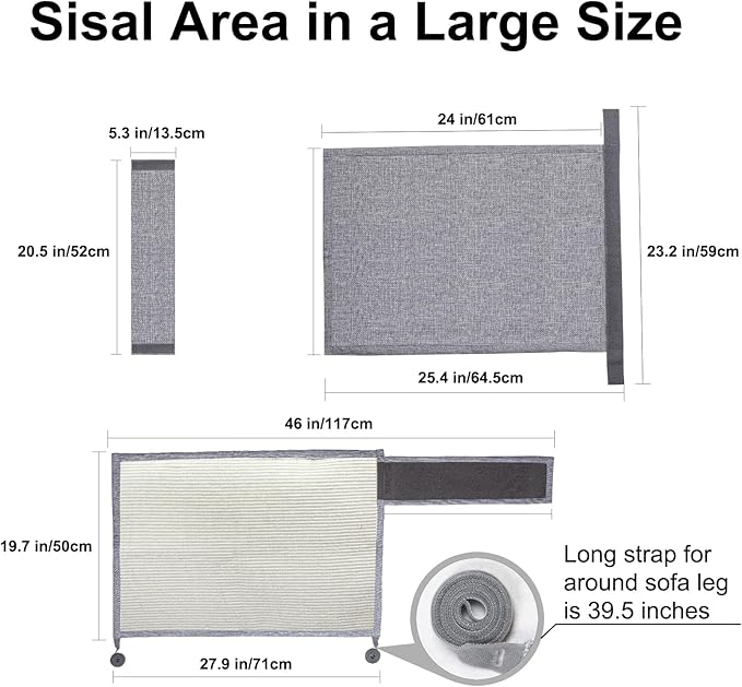 Upgraded Cat Scratch Furniture Protector,Cat Scratch Sofa Arm Sheild with Large Size Natural Sisal for Protecting Couch Sofa Chair Furniture 27.9''L*19.7''W (Light Grey/Right Handed)