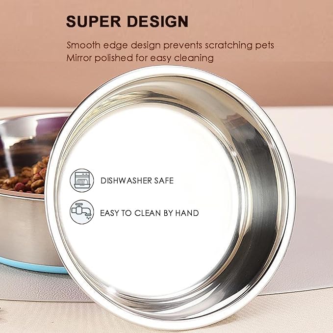 Deep Stainless Steel Non-Skid Dog and Food Bowls, Each Holds Up to 16 Cups, Set of 2 Packs(10.2 x 3.2 Inches)