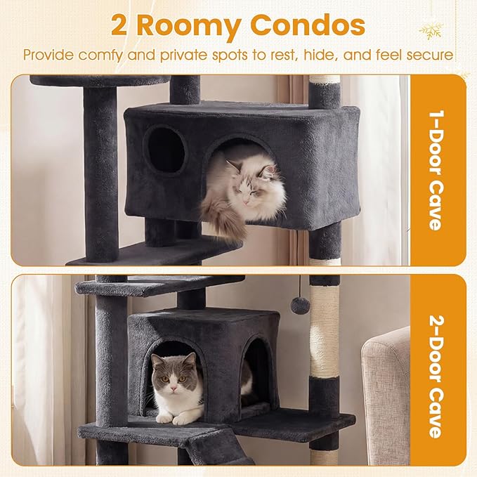 PETSITE 52-inch Cat Tree, Multi-Level Cat Tower with Sisal Scratching Posts, 2 Comfy Condos, Plush Padded Soft Top Perch, Dangling Balls, and Climbing Ladder, Ideal for Indoor Cats (Dark Grey)